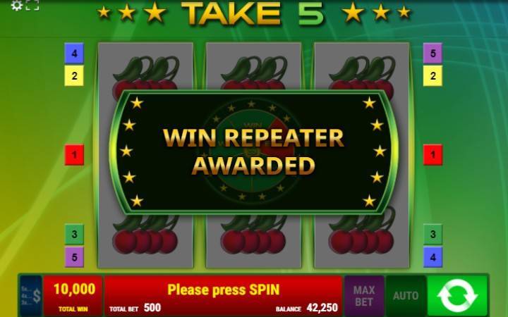 Wheel of Fortune, Win Repeater, Take 5, Online Casino Bonus